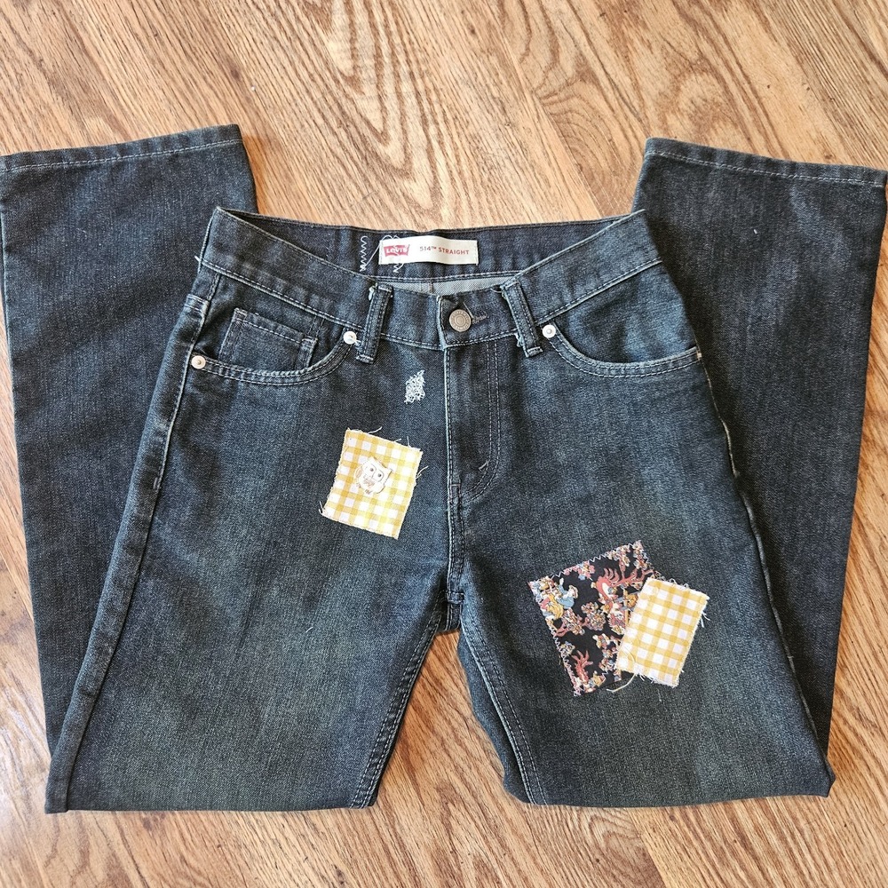 LEVI'S Jeans Youth Girl‎ Size 14 Straight Cotton 514 Reg Black Wash Patchwork